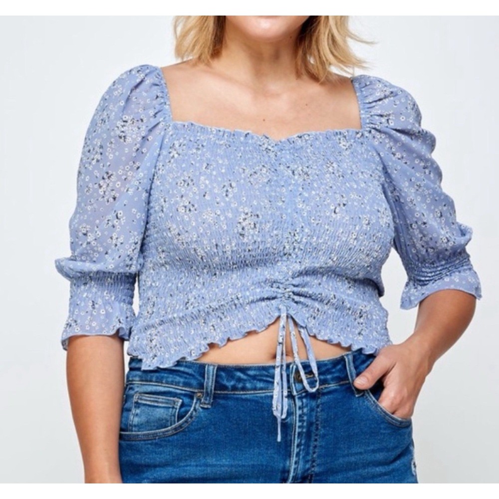 New Blush‎ Bj Plus Size Ash Blue Floral Crop Top Women's Size 3XL